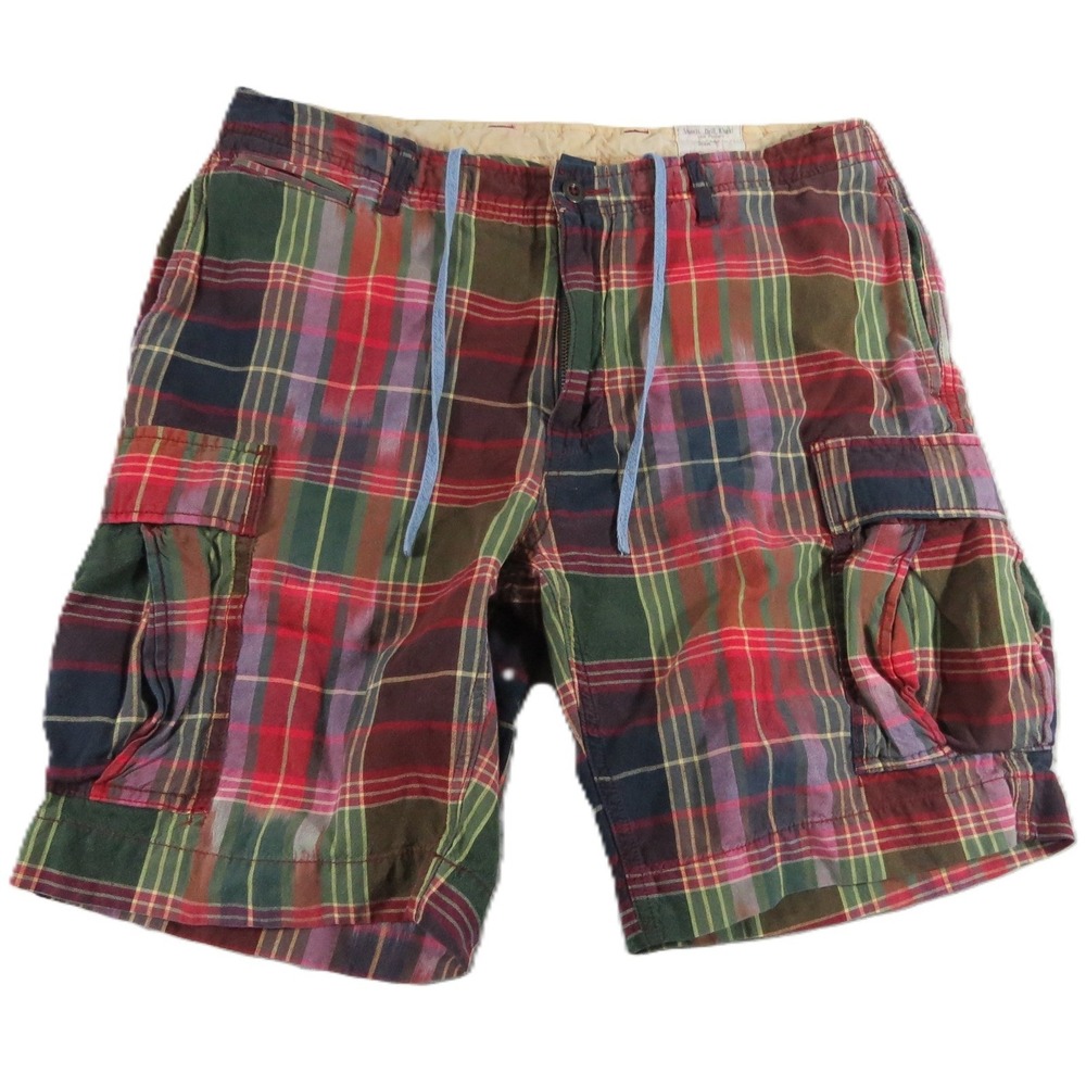 VTG Polo Ralph Lauren Cargo Shorts Men W34 L9 Plaid Madras Cotton Drawstring Y2K